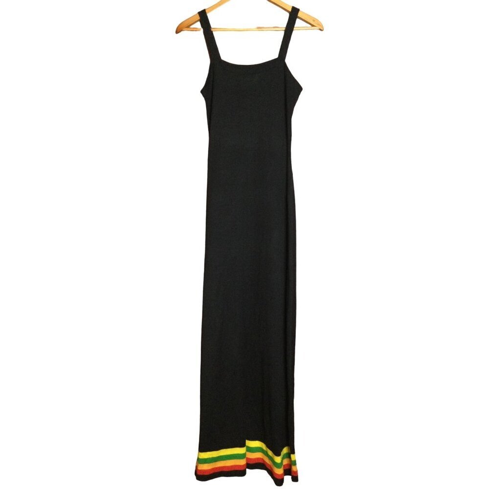 Vintage Black Maxi Dress With Rasta Trim Acrylic By International Size 7/8 Hippi